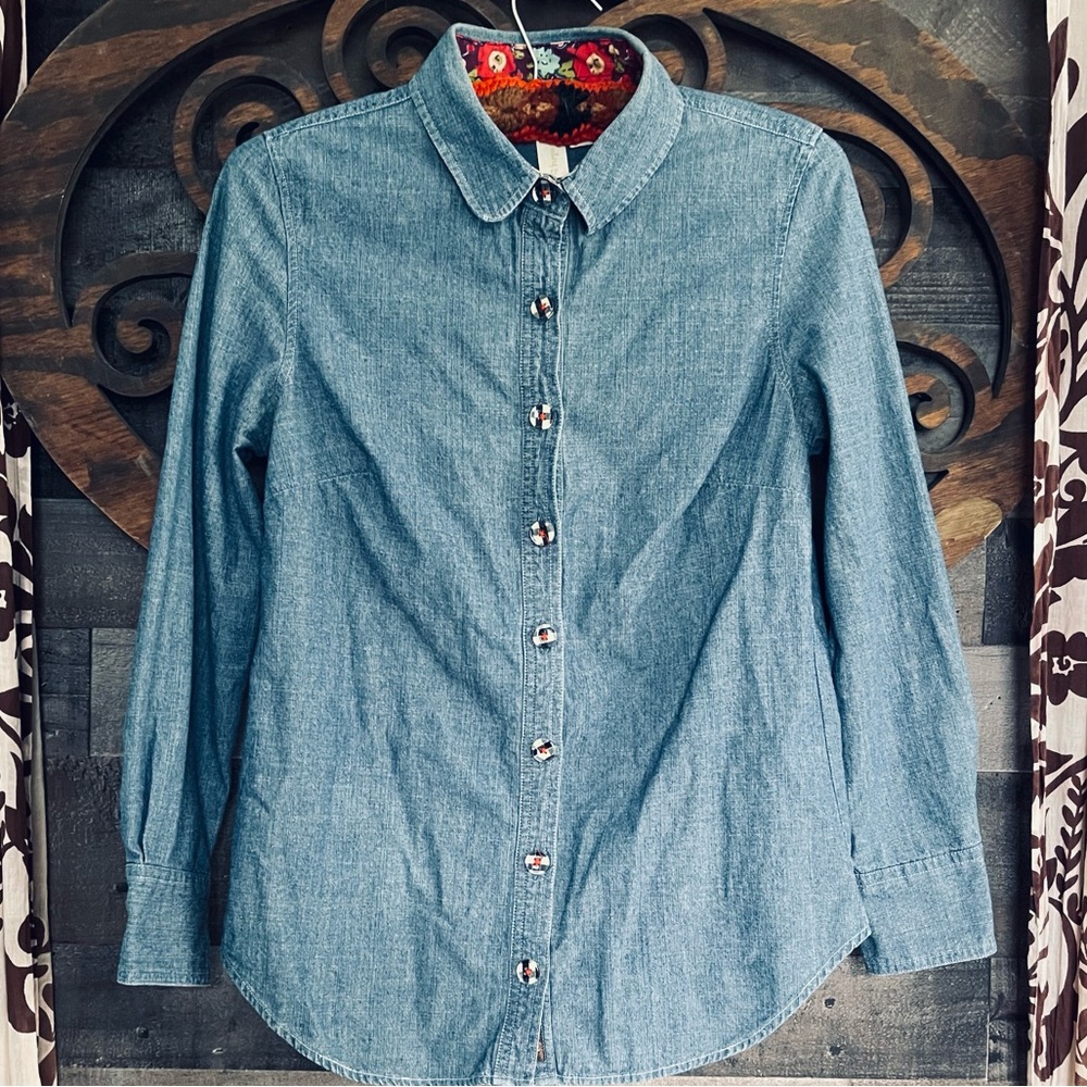 Denim Button-Up Shirt Gingham Plaid & Floral Detail